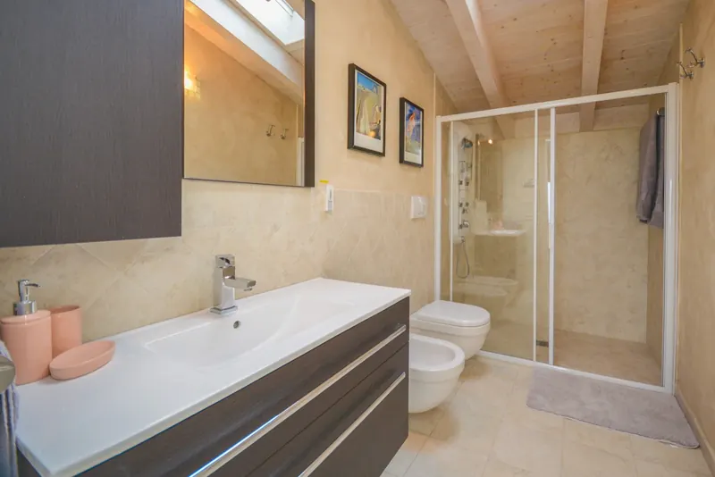 Salle de bains avec lavabo et douche